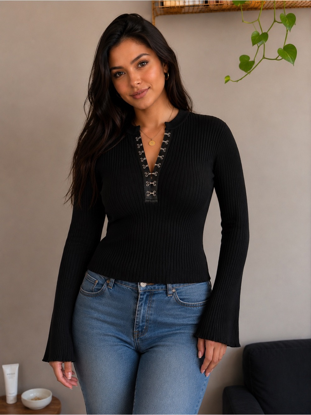 Vintage Wayne Rogers Black Silk Blend Ribbed Top – Size Large – 78% Silk